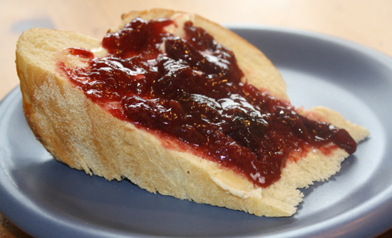pomegranate plum jam on homemade challah toast