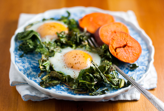Pan-Crisped Greens with Eggs and Sweet Potato pan-crisped greens image