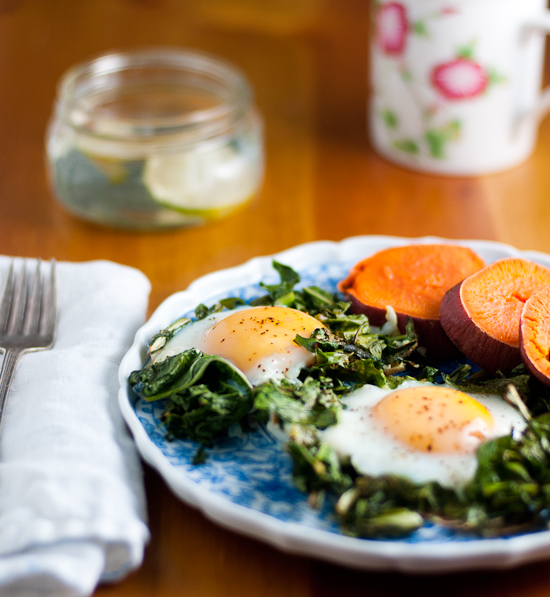 Pan-crisped greens with eggs and sweet potato greens with eggs and sweet potato