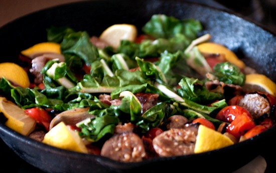 chard and sausage eggs and sausage with chard and tomatoes