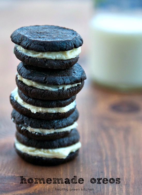 Homemade Oreo cookies stacked.