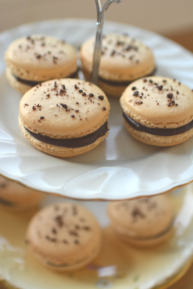 close-up image of four chocolate coffee macarons with chocolate chunks on top, beautifully arranged in a pastry plate