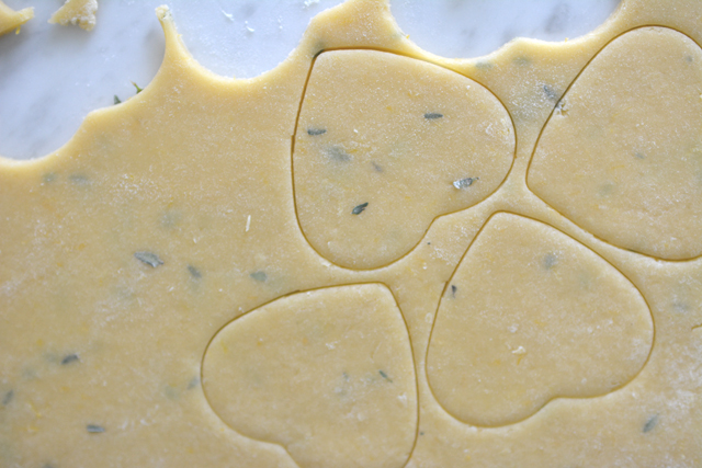 top-down view of heart-shaped cookie dough cutouts on a flat surface