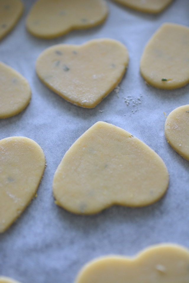 close-up image of heart-shaped cookie dough laid flat on parchment paper, ready to be baked