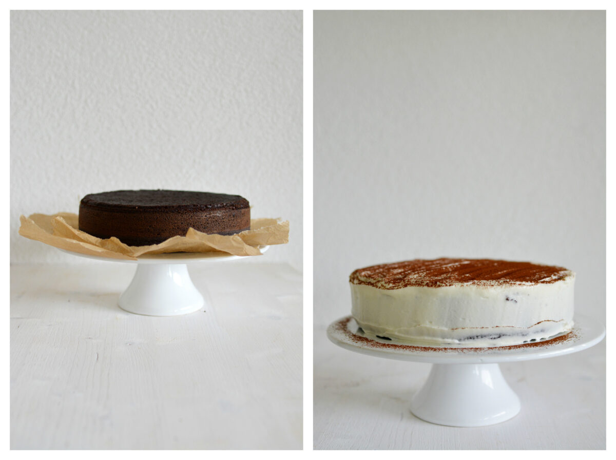 collage of two images: on the left, a chocolate cake on a table with parchment paper; on the right, a cake with cream cheese frosting and a dusting of cocoa powder