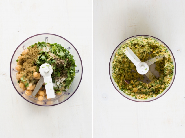 top down collage of 2 images left image showcasing a food processor containing ingredients such as chickpeas, parsley, coriander, garlic: right images showing the blended ingredients