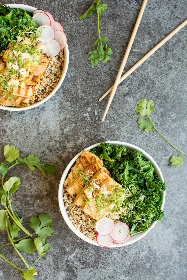 top view image of a teriyaki tofu in a bowl with chopsticks